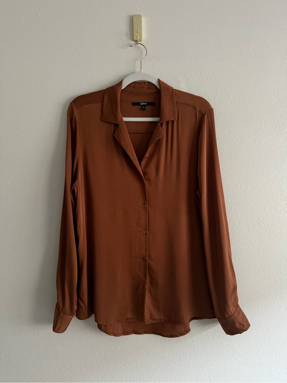 Quince Stretch Silk Notch Collar Blouse sz L copper